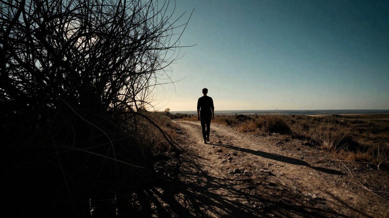 Persona solitaria avanza por un camino rocoso, dejando el caos atrás hacia un horizonte claro.
