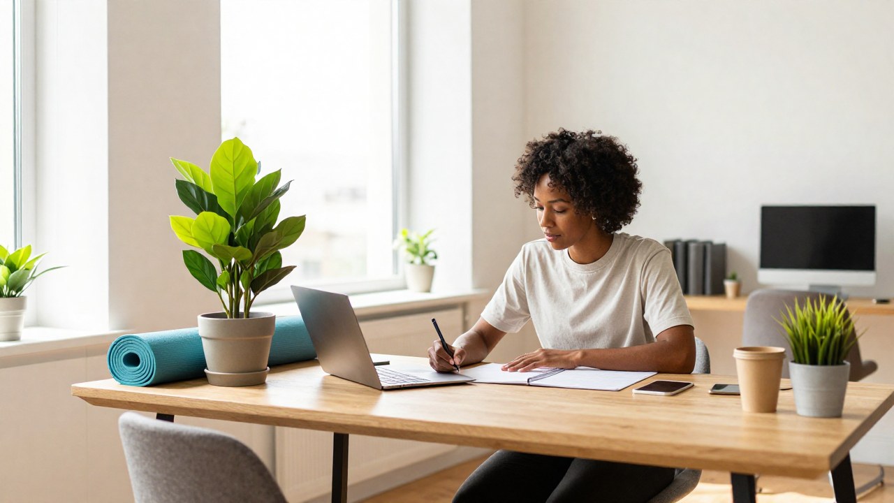 Profesional trabajando en un escritorio moderno, rodeado de elementos de bienestar como una esterilla de yoga y planta.