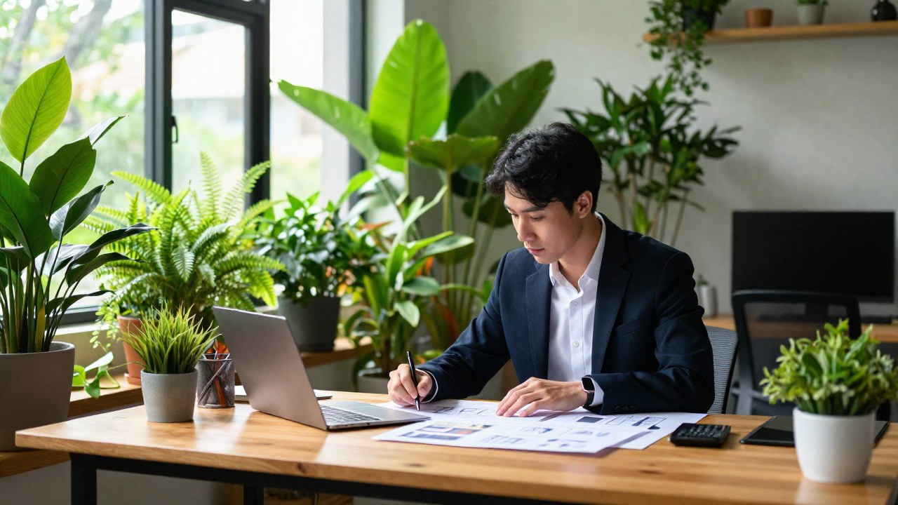 Persona profesional planificando un proyecto en un moderno espacio de trabajo con plantas.