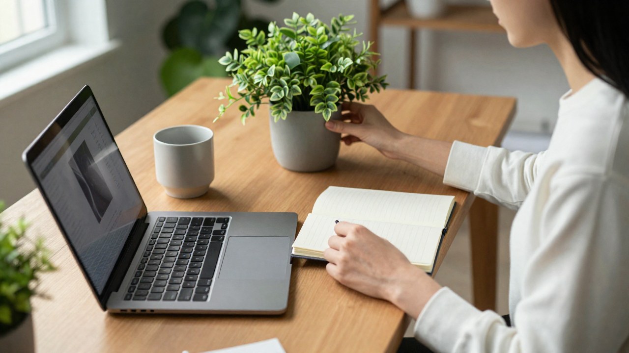 Una persona realiza una rutina de productividad consciente en un espacio de trabajo moderno y sereno.