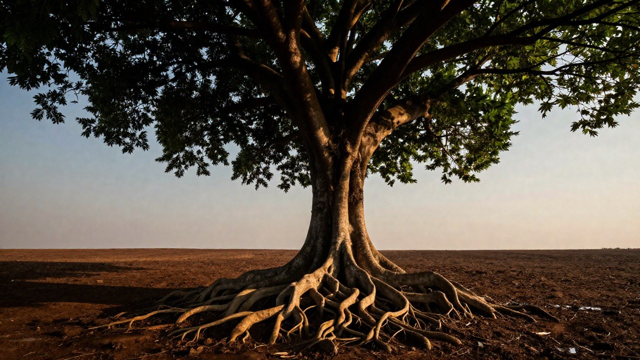 Árbol maduro con raíces profundas y expuestas en tierra, y copa que se eleva hacia el cielo.