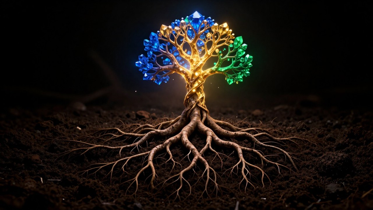 Una red de raíces oscuras emergen de la tierra y se transforman en una estructura orgánica luminosa.