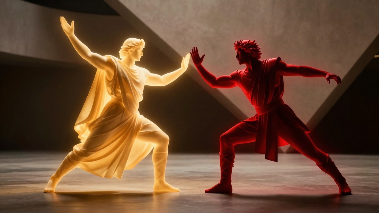 Dos figuras estilizadas en tensa interacción, una luminosa y otra carmesí, en un espacio arquitectónico.