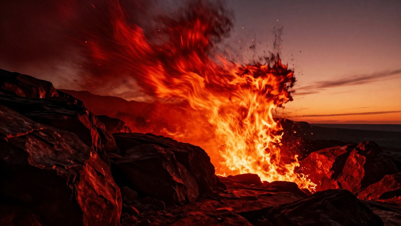 Una poderosa ola de luz roja y naranja irrumpe desde un terreno rocoso durante el crepúsculo.