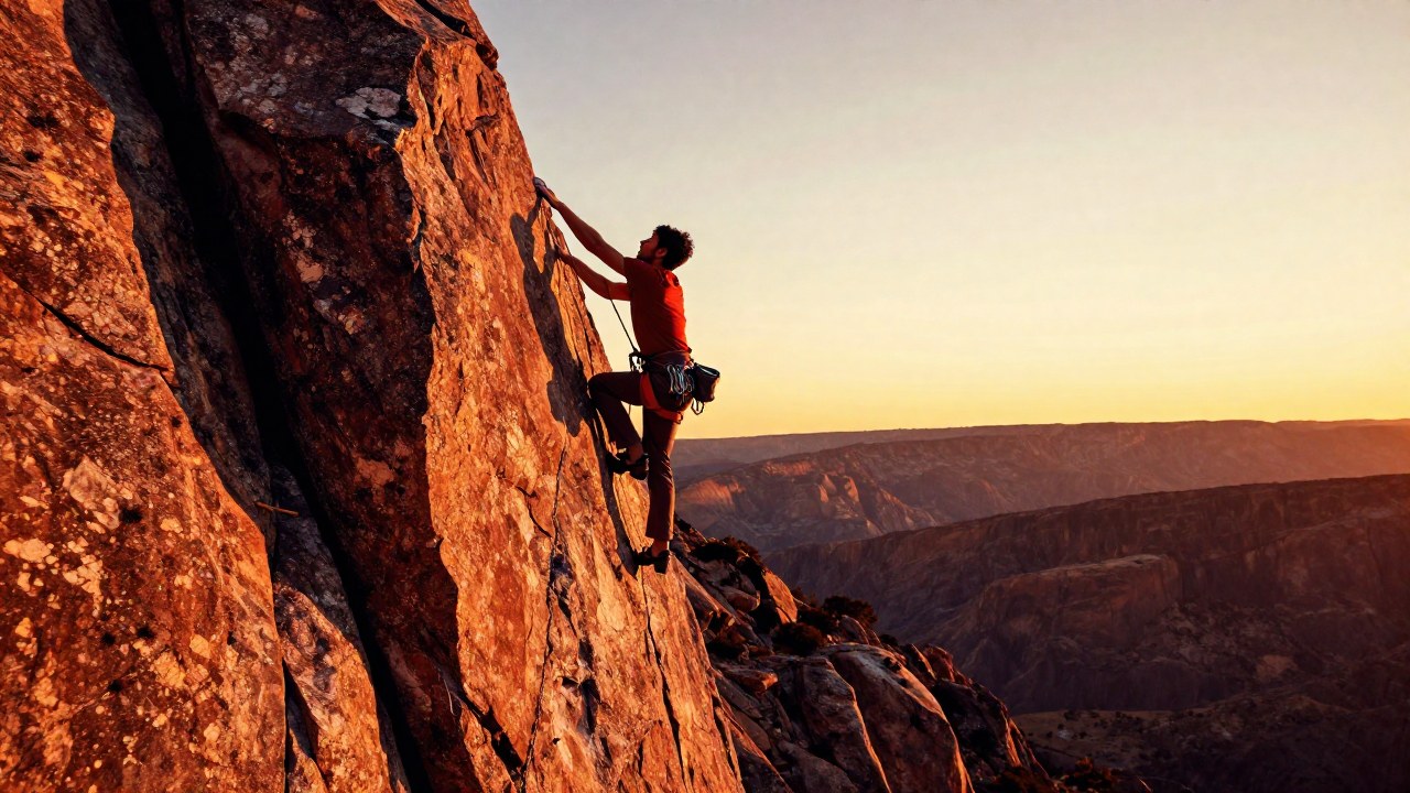 Un individuo escalando una pared de roca empinada en un vasto paisaje montañoso.