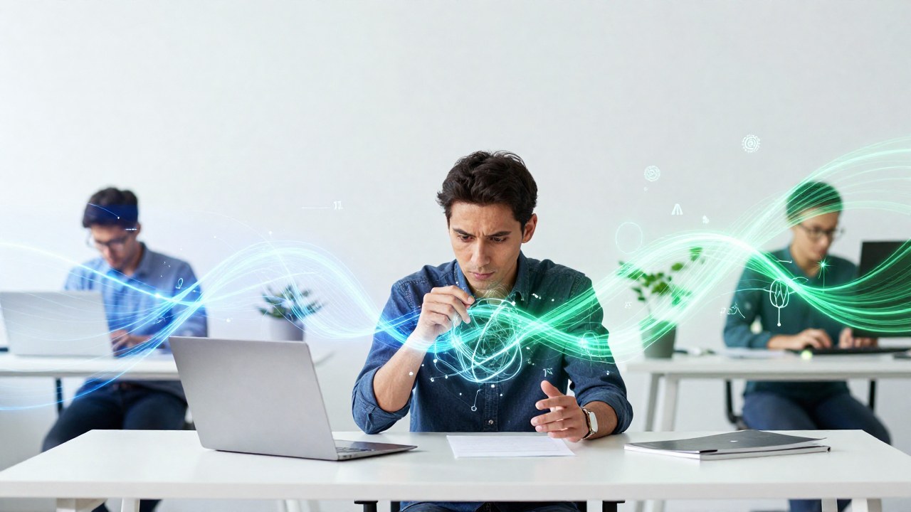 Adulto concentrado en un espacio de trabajo, rodeado de flujos luminosos que simbolizan ideas e ideas complejas.