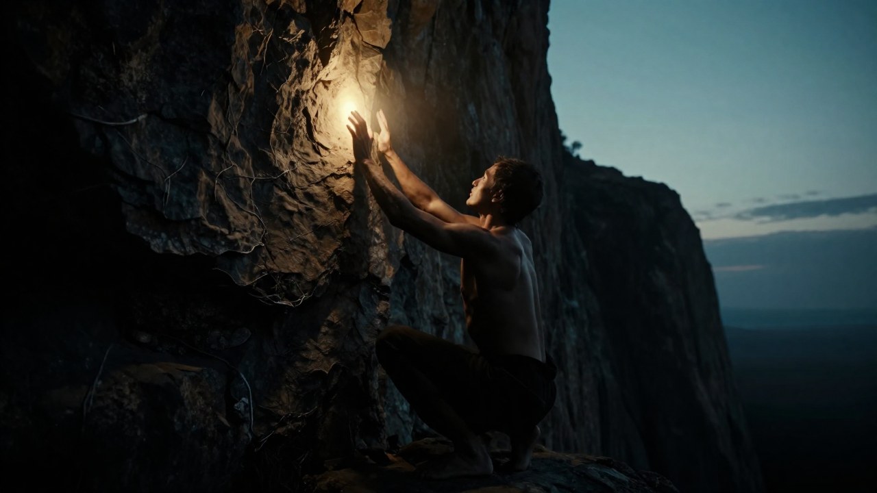 Figura humana en paisaje rocoso, extendiendo la mano hacia una brillante fuente de luz.