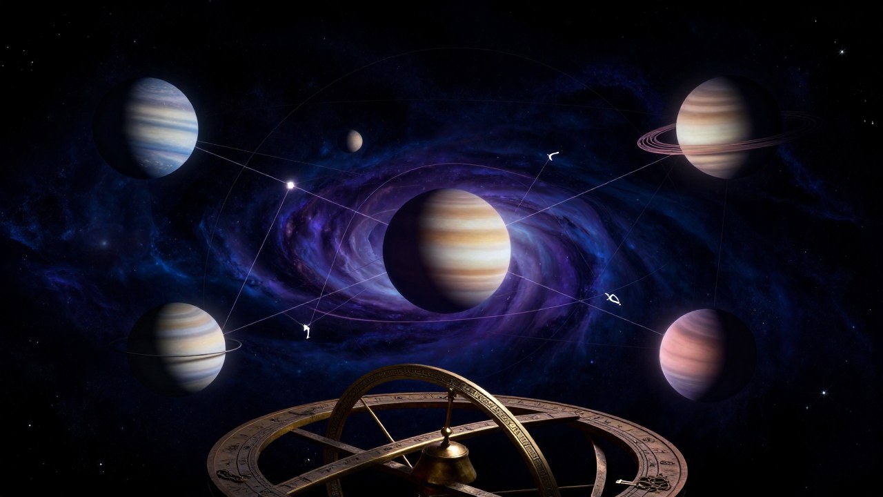 Esferas planetarias brillantes ilustran su influencia en un cosmos con un antiguo astrolabio.