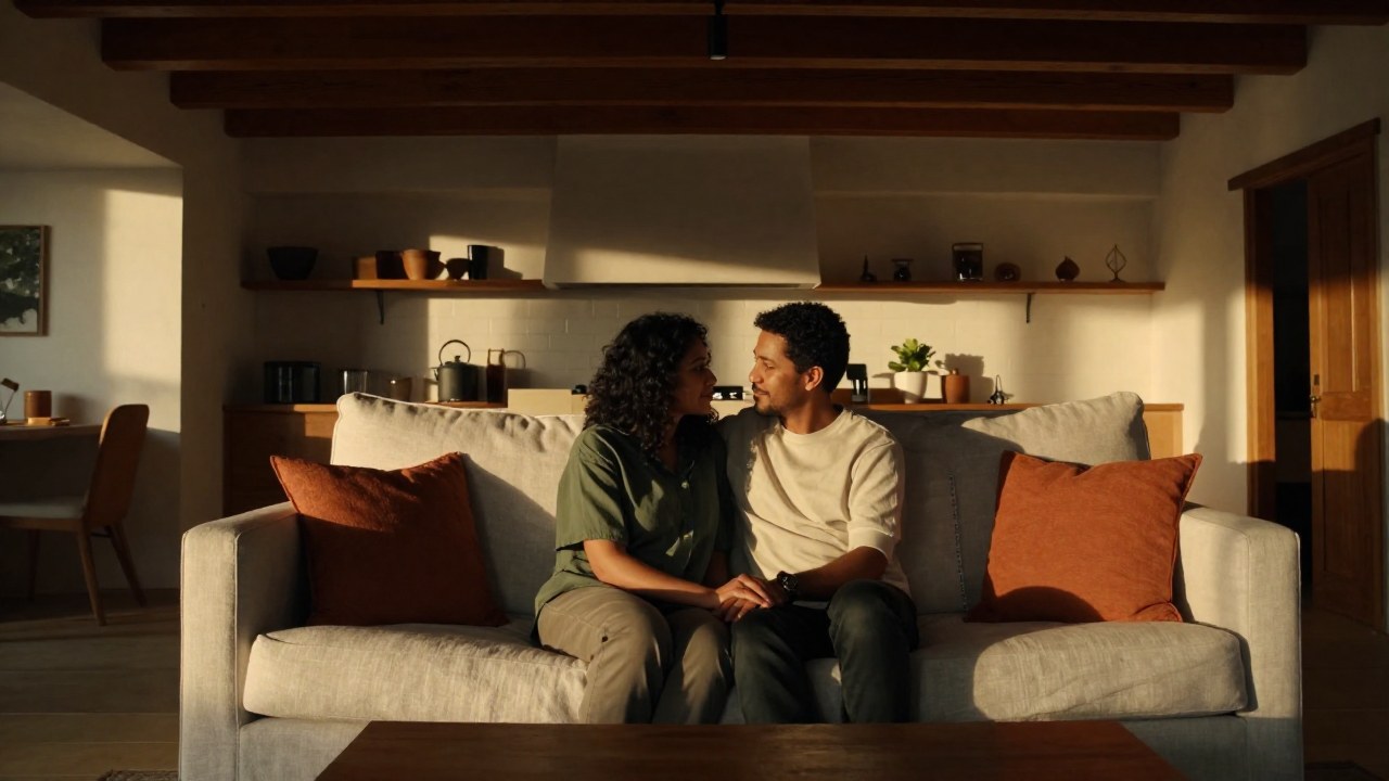 Una pareja sentada en un sofá dentro de un acogedor interior de casa, interactuando con ternura.