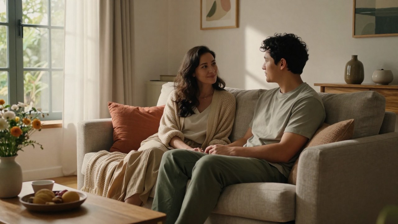 Una pareja sentada cómodamente en un sofá dentro de una sala de estar luminosa y acogedora.