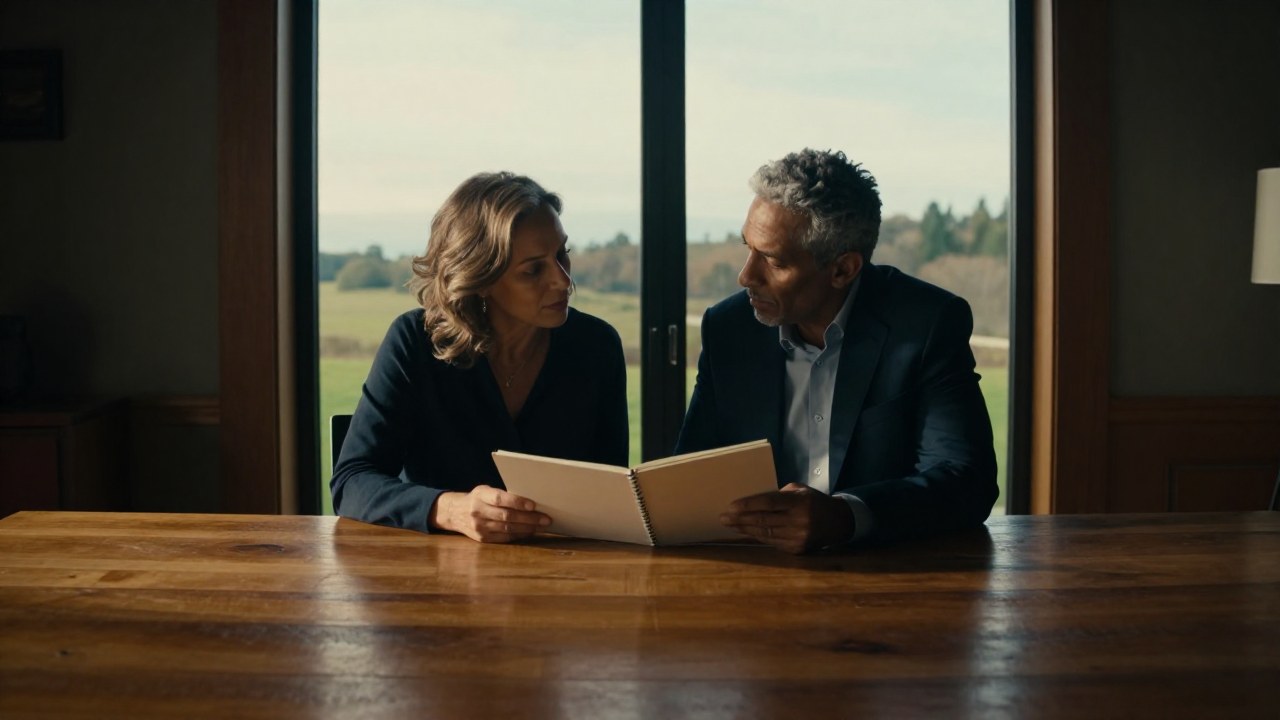 Pareja madura mirando un plano en una mesa, simbolizando su compromiso y crecimiento mutuo.