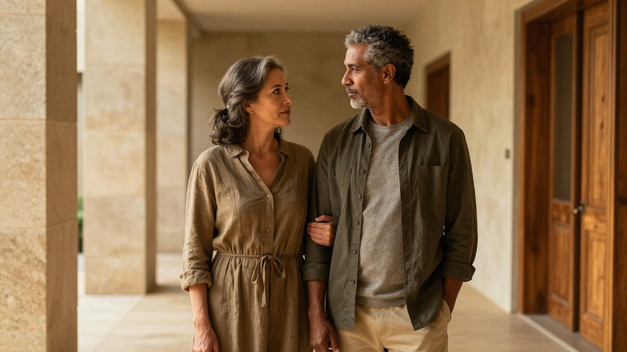 Una pareja madura y diversa comparte una mirada profunda en un elegante espacio arquitectónico con líneas limpias.