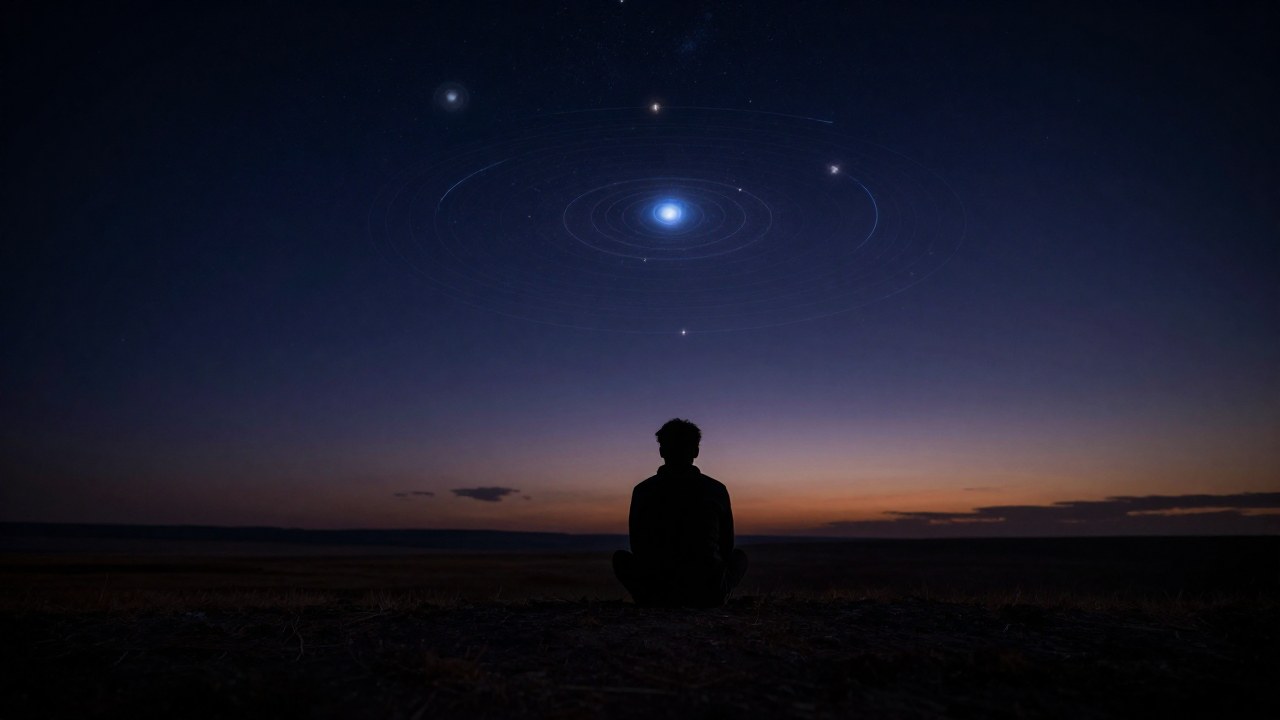 Una figura solitaria se sienta en un paisaje al crepúsculo bajo un cielo dramático con cuerpos celestes.
