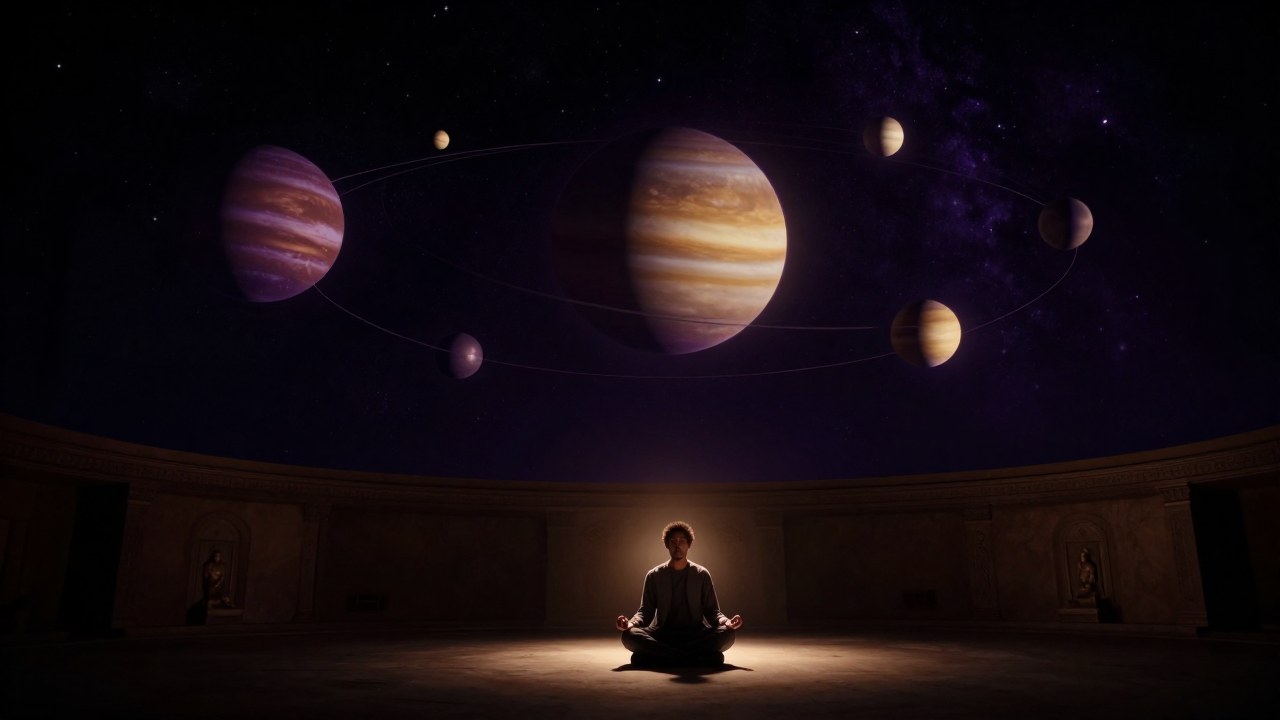 Individuo meditando en un observatorio, contemplando un complejo mecanismo celestial con planetas en movimiento.
