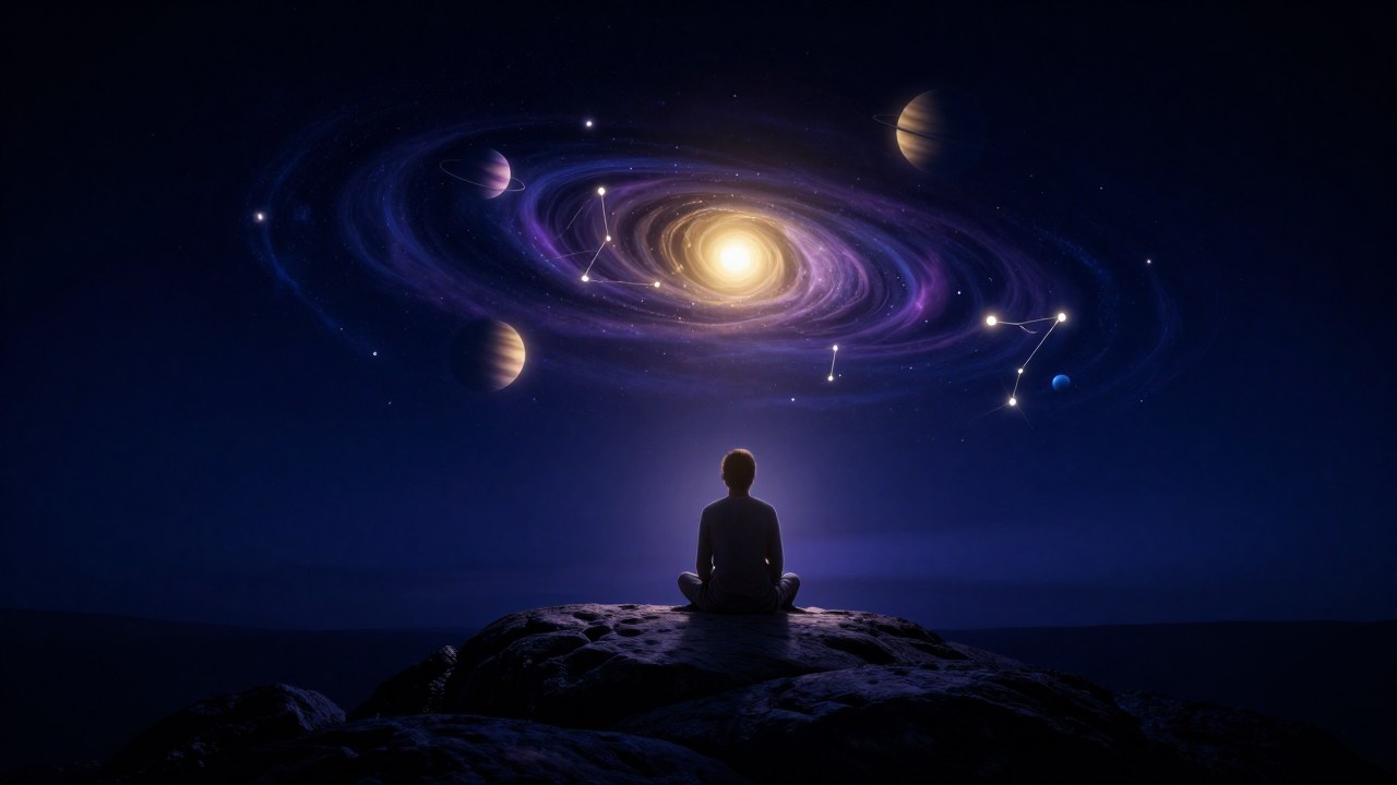 Figura contemplativa en una roca bajo un vasto cielo cósmico, representando el concepto del karma.