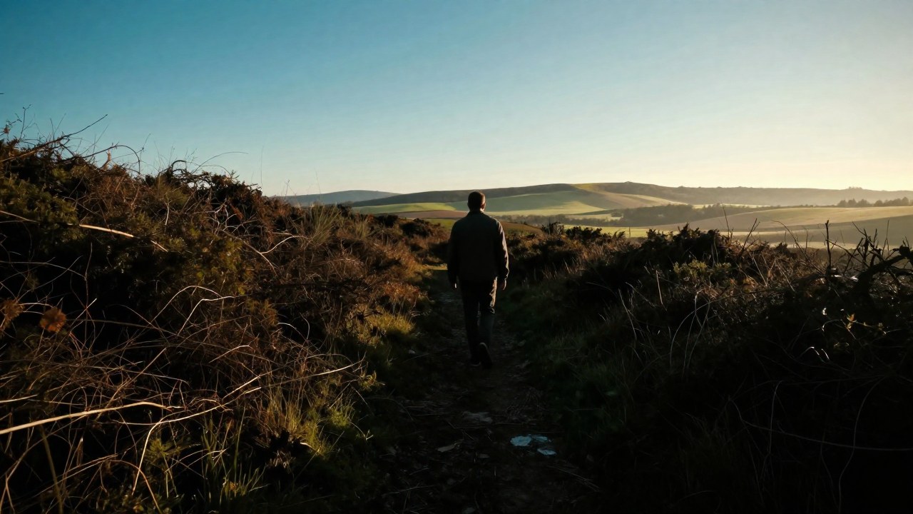 Persona avanzando desde un sendero denso hacia un vasto y brillante paisaje abierto.