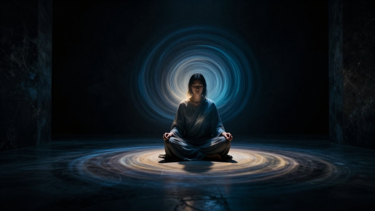 Figura solitaria en postura meditativa en una cámara con paredes de piedra y sombras profundas.