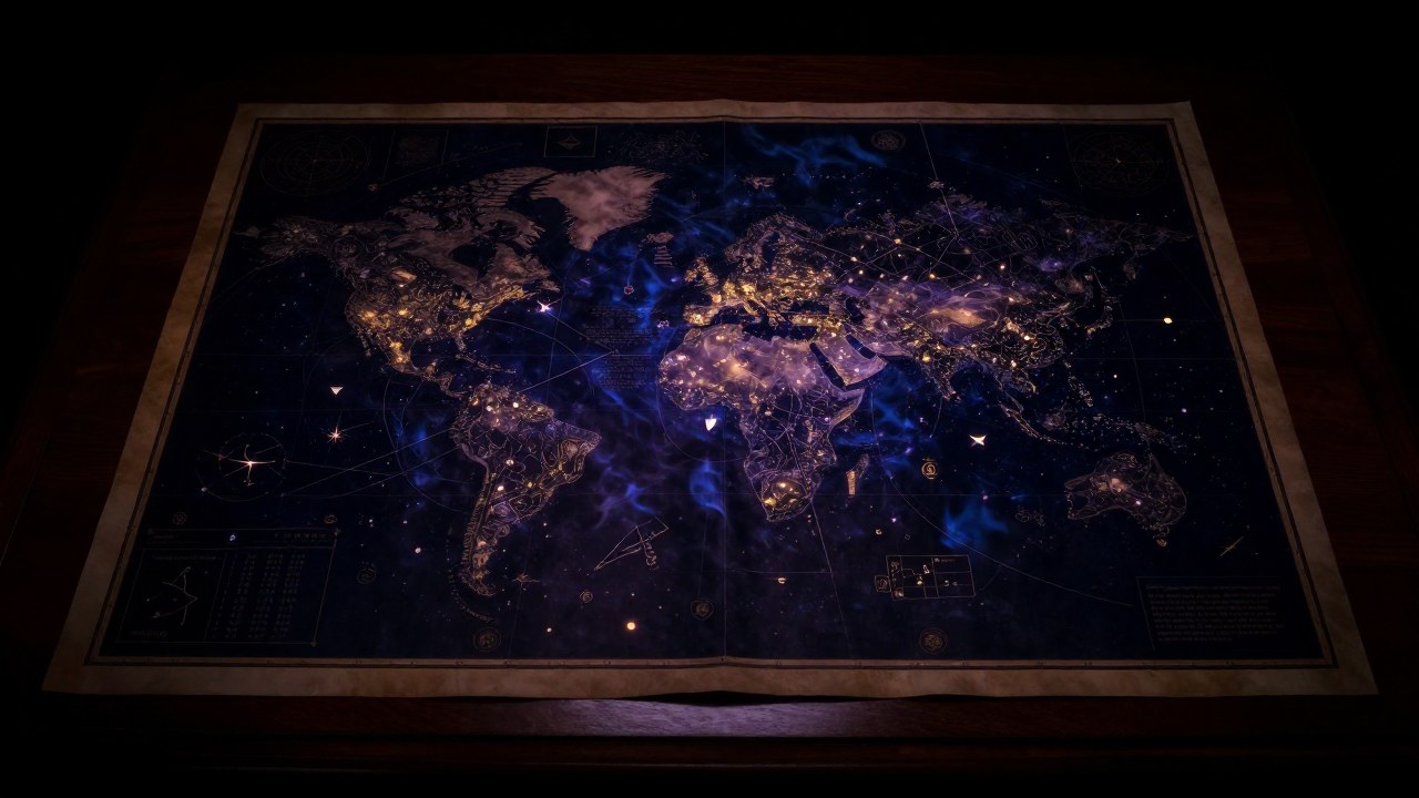 Mapa de astrocartografía antiguo sobre escritorio de caoba, mostrando símbolos celestes y patrones de ciclos humanos.