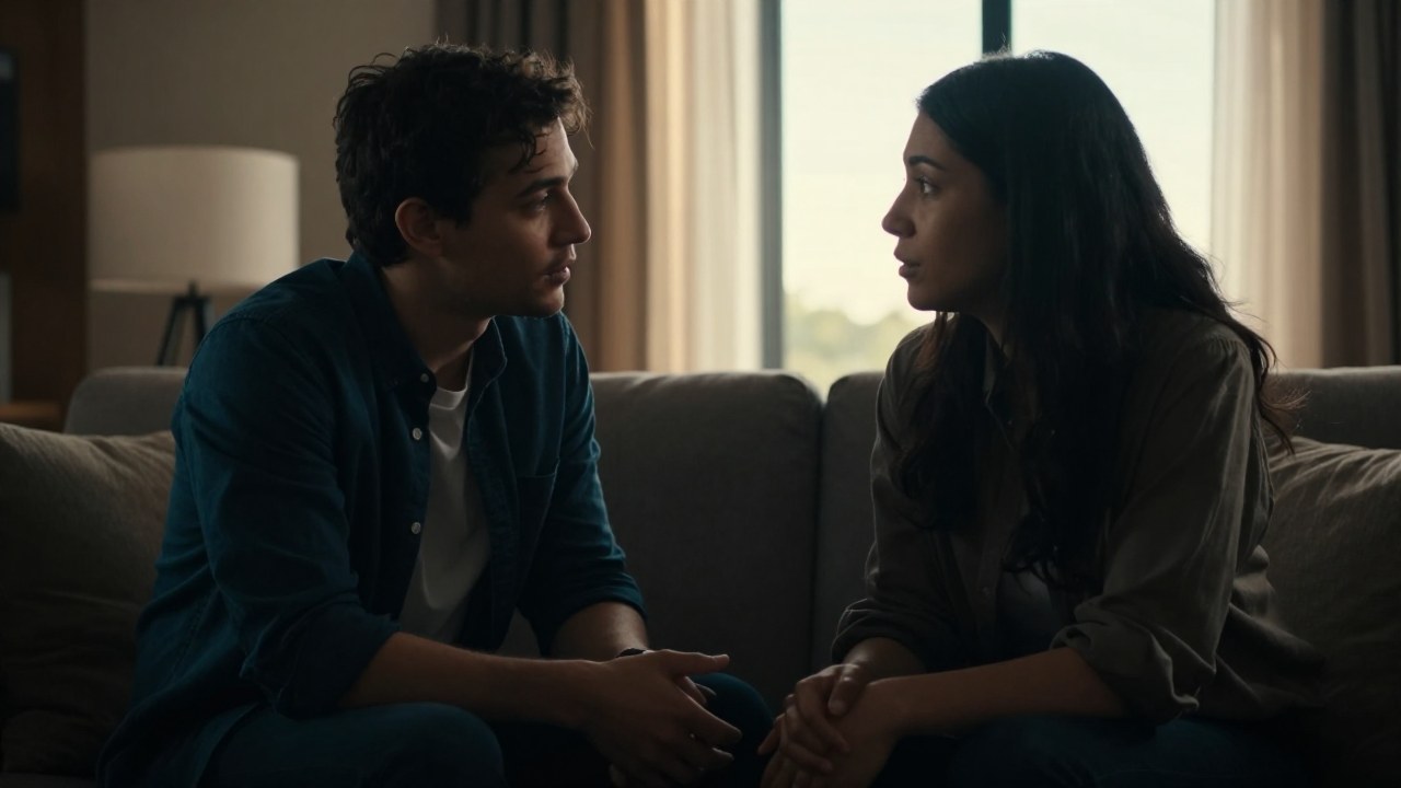 Una pareja diversa conversan en un salón moderno, mostrando un momento de íntima conexión y honestidad mutua.