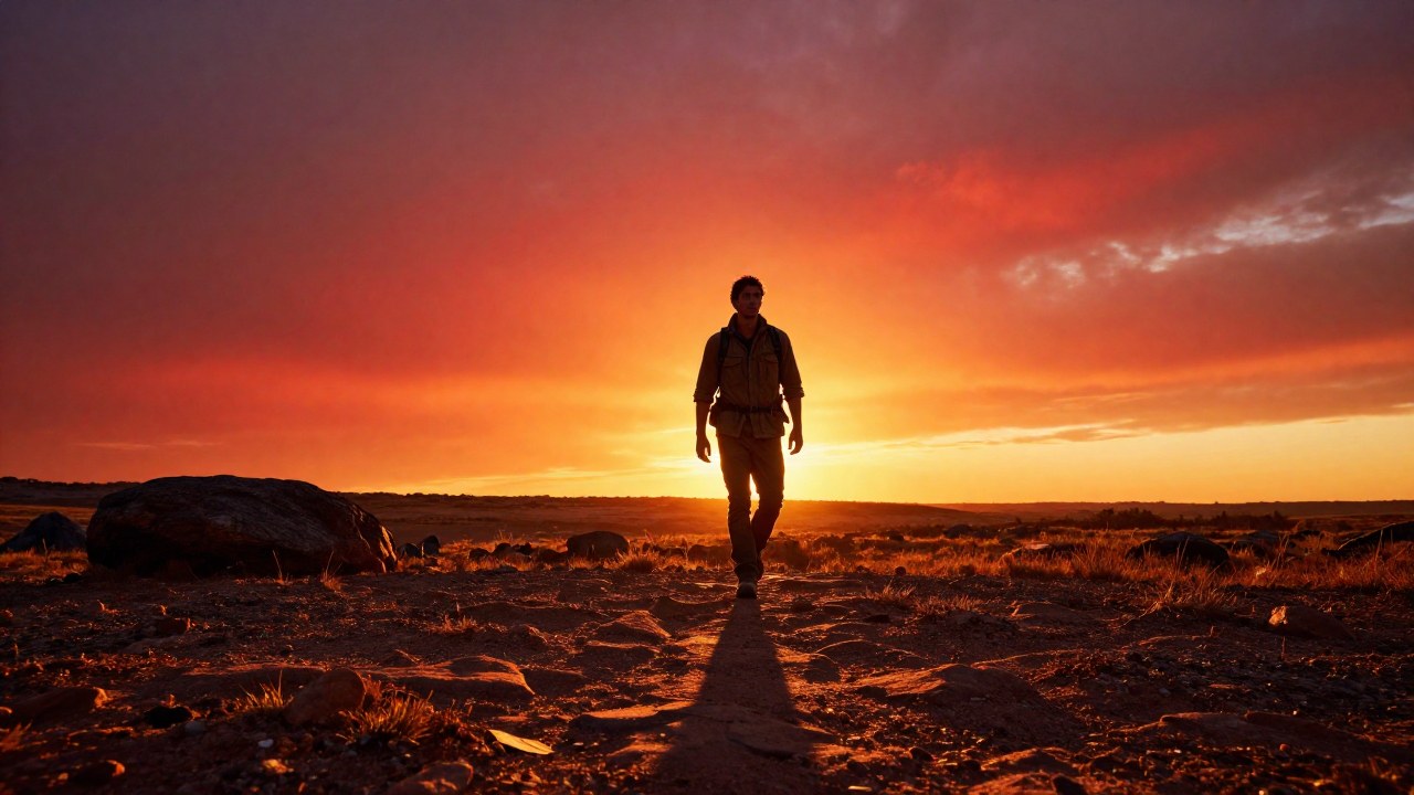 Una figura con ropa resistente atraviesa un vasto paisaje al amanecer.