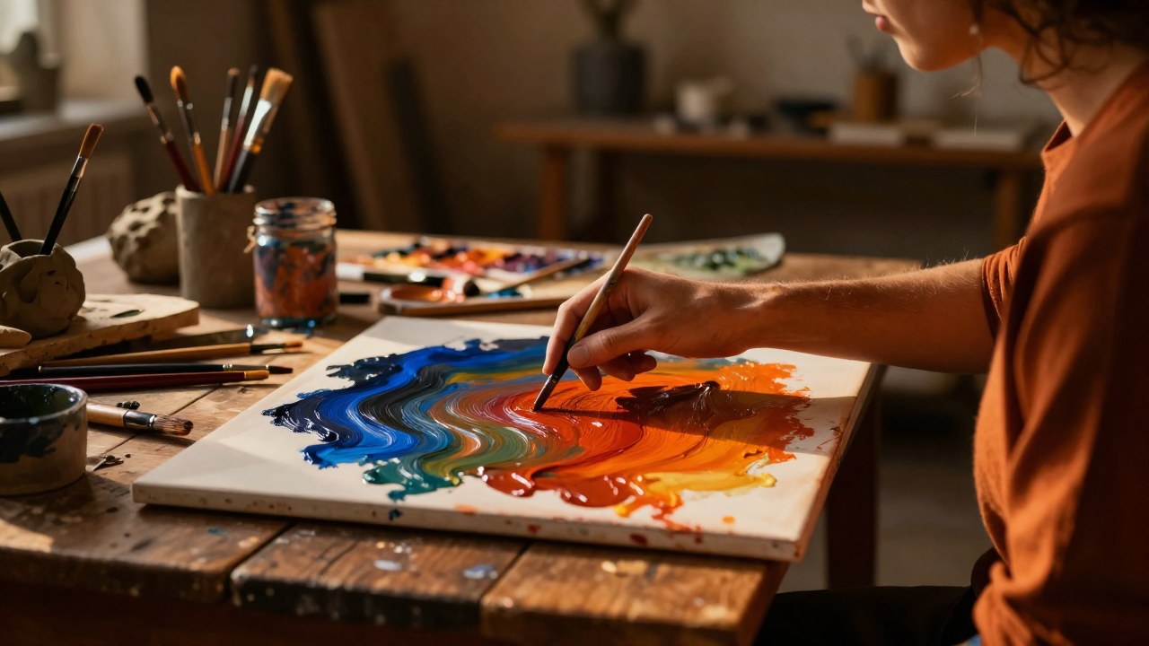 Dos artistas trabajan en un lienzo compartido, con una de las figuras guiando la mano de la otra.