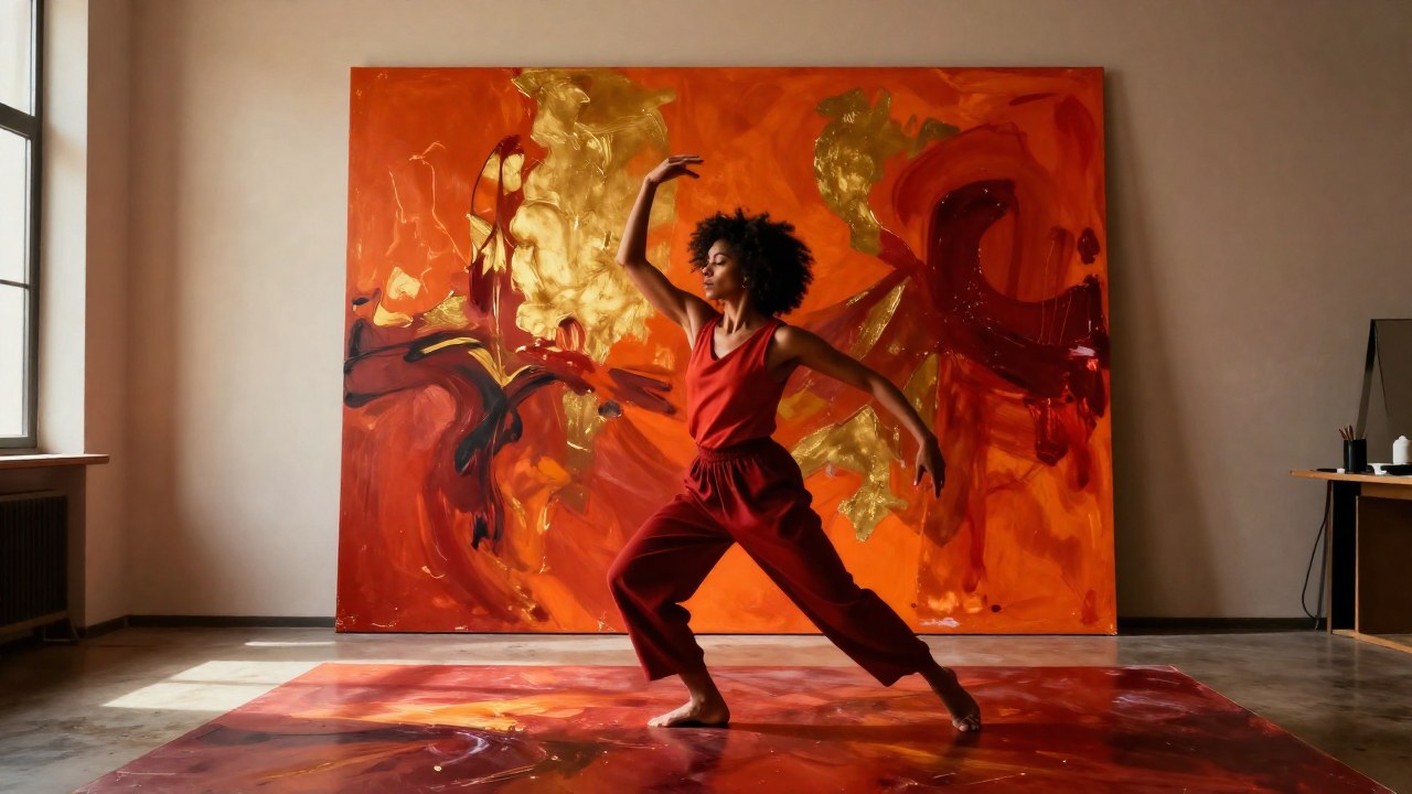 Artista diverso en una pose dinámica creando arte abstracto en un estudio minimalista y soleado.