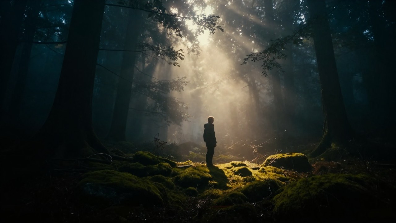 Una figura solitaria en un bosque antiguo frente a la luz que emerge de la niebla.