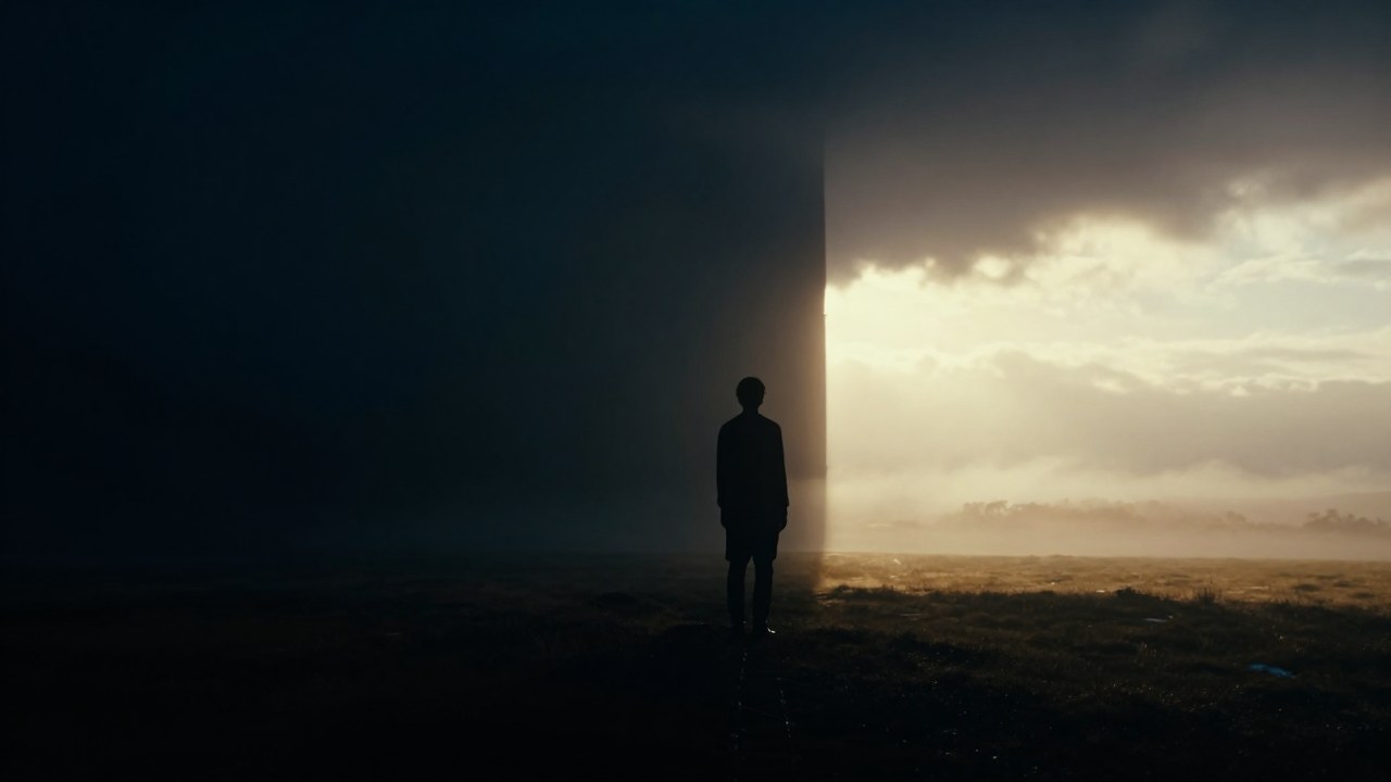 Figura en silueta parada en el umbral de un vasto paisaje, donde la oscuridad cede a la luz dorada.