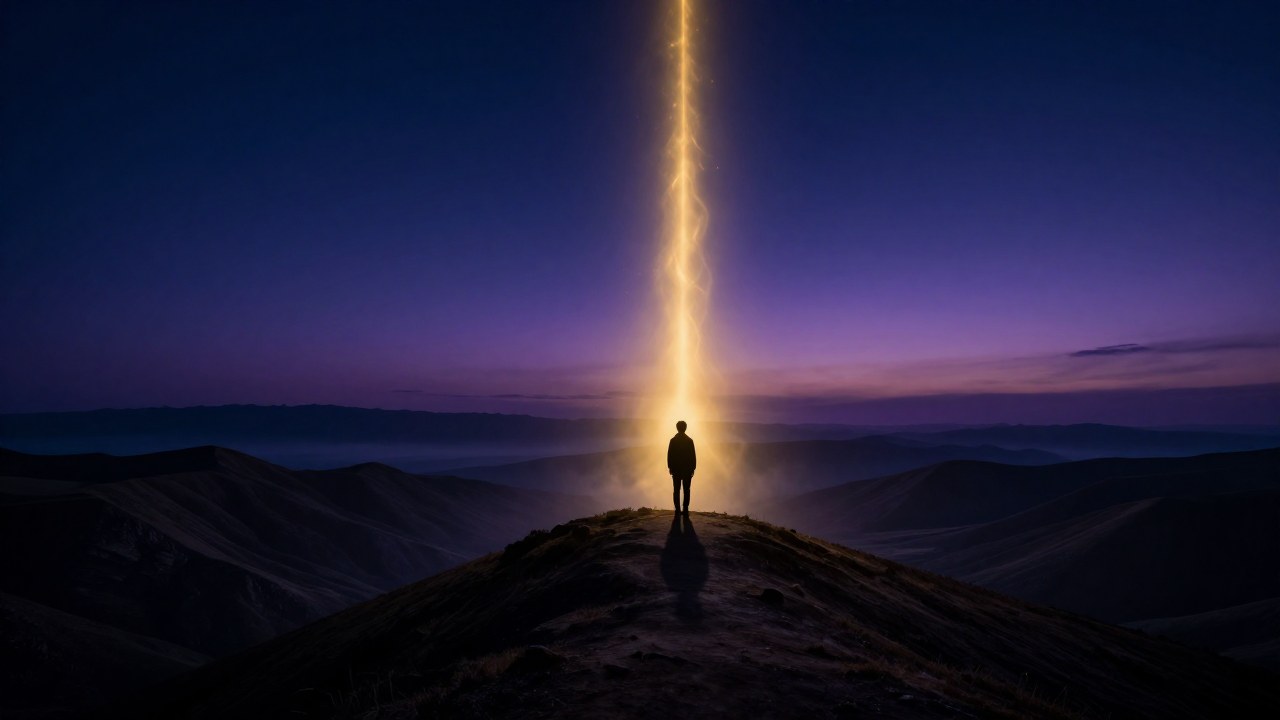 Figura solitaria en una cresta al atardecer, iluminada por un intenso haz de energía dorada.