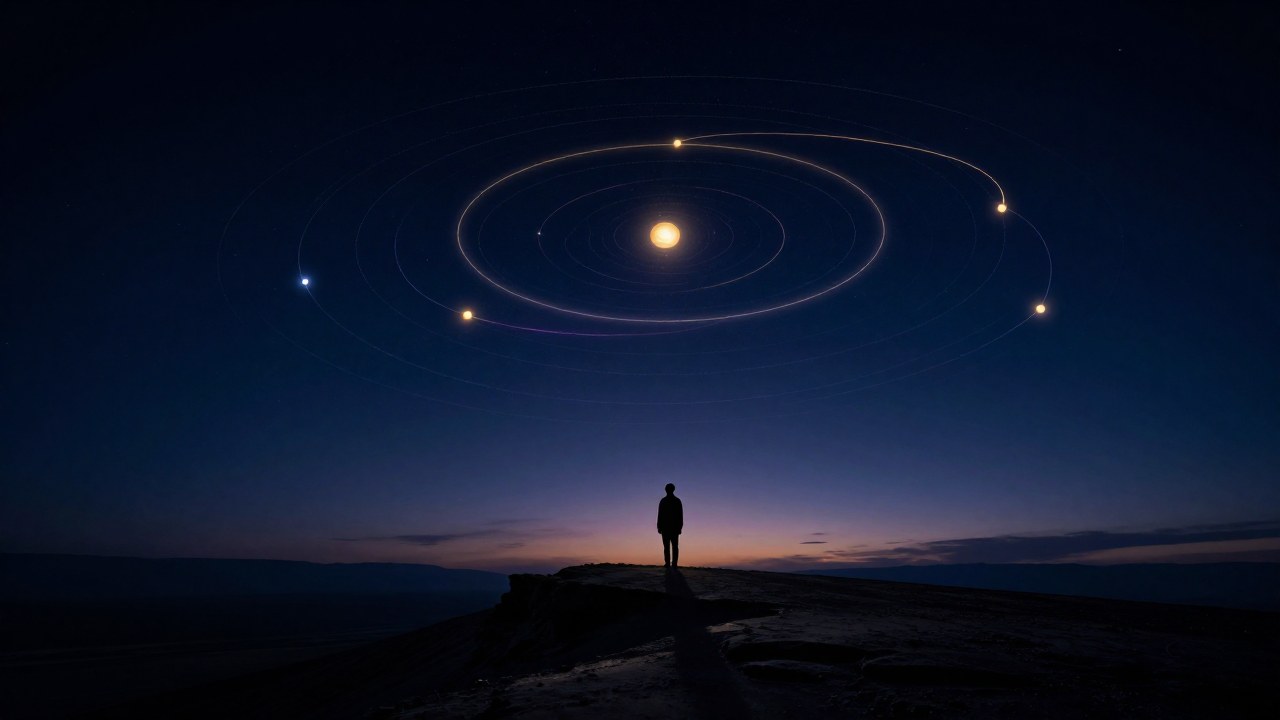 Una figura solitaria en un plató mira un cielo nocturno lleno de órbitas celestes luminosas.