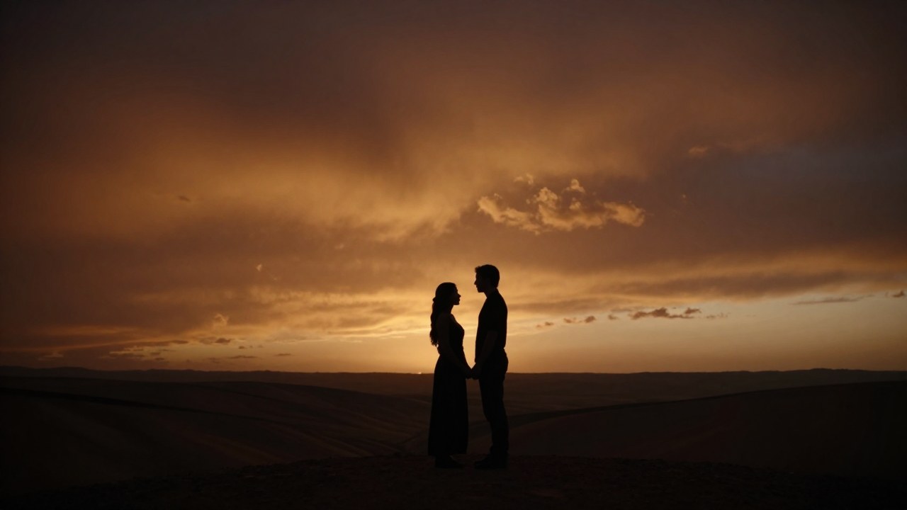 Dos personas de pie en un vasto paisaje desolado al atardecer, mirándose con intensa conexión.