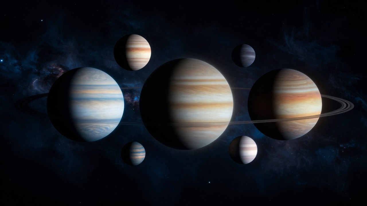 Cuerpos celestes alineados geométricamente en el espacio para simbolizar relaciones y aspectos planetarios.