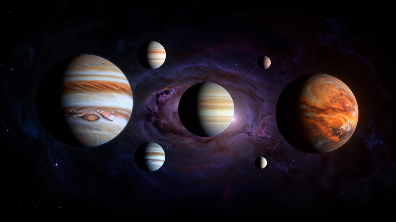 Conjunto de planetas en el espacio mostrando alineaciones geométricas astronómicas precisas.