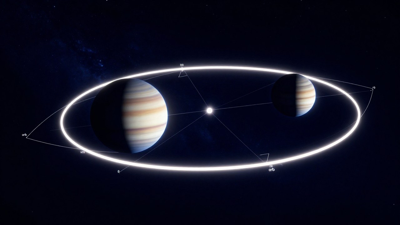 Planetas en órbita demostrando la relación angular precisa mediante una banda de tolerancia luminosa.