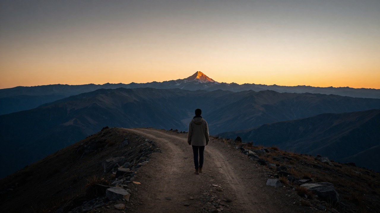 Figura solitaria en camino montañoso mirando una cumbre brillante al amanecer.