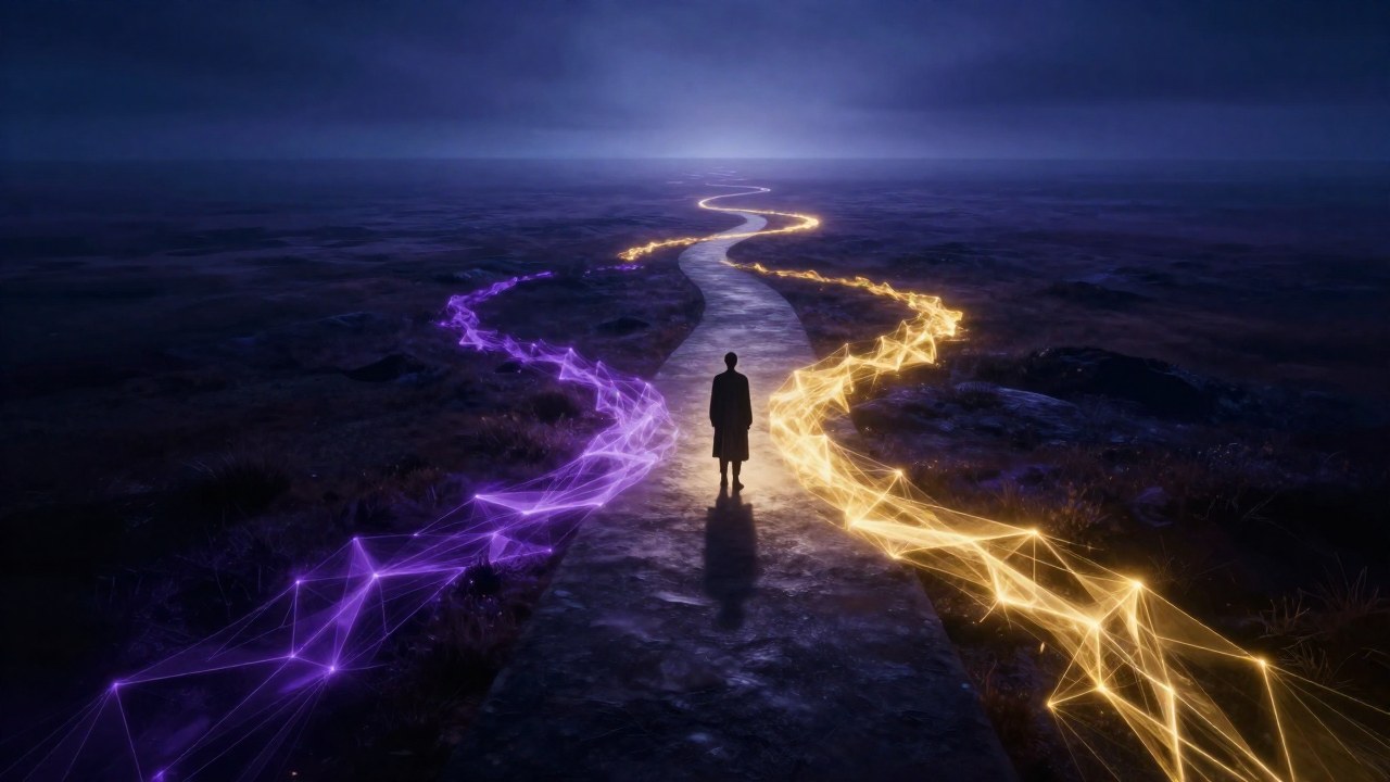 Solitaria figura en un camino luminoso, guiada por cuatro haces de luz energética en un paisaje abstracto.