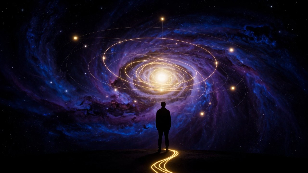 Silueta de una persona observando un patrón complejo de órbitas y caminos celestes en el vasto espacio.