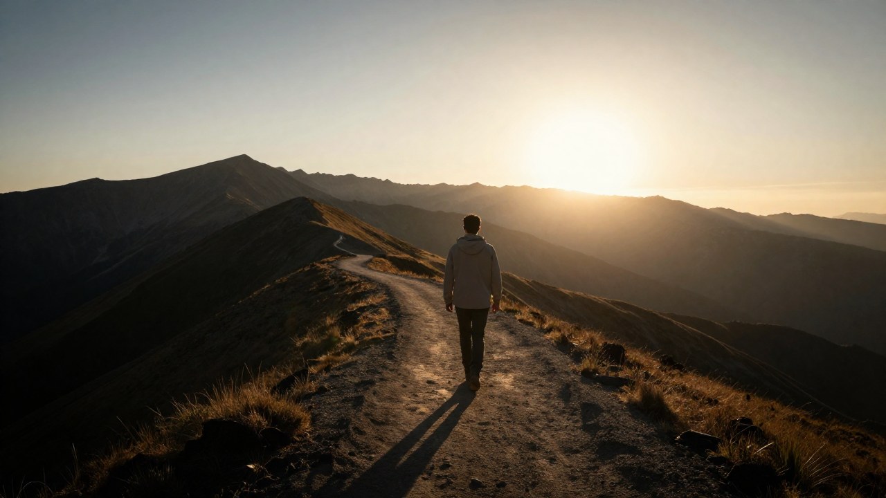 Persona solitaria camina por un camino ascendente hacia una vasta cordillera al amanecer.