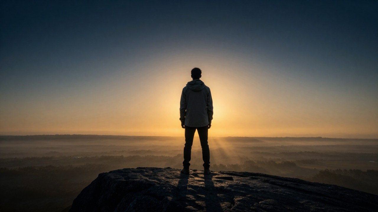 Individuo en un afloramiento al amanecer, mirando el horizonte y siendo iluminado por una luz de guía.