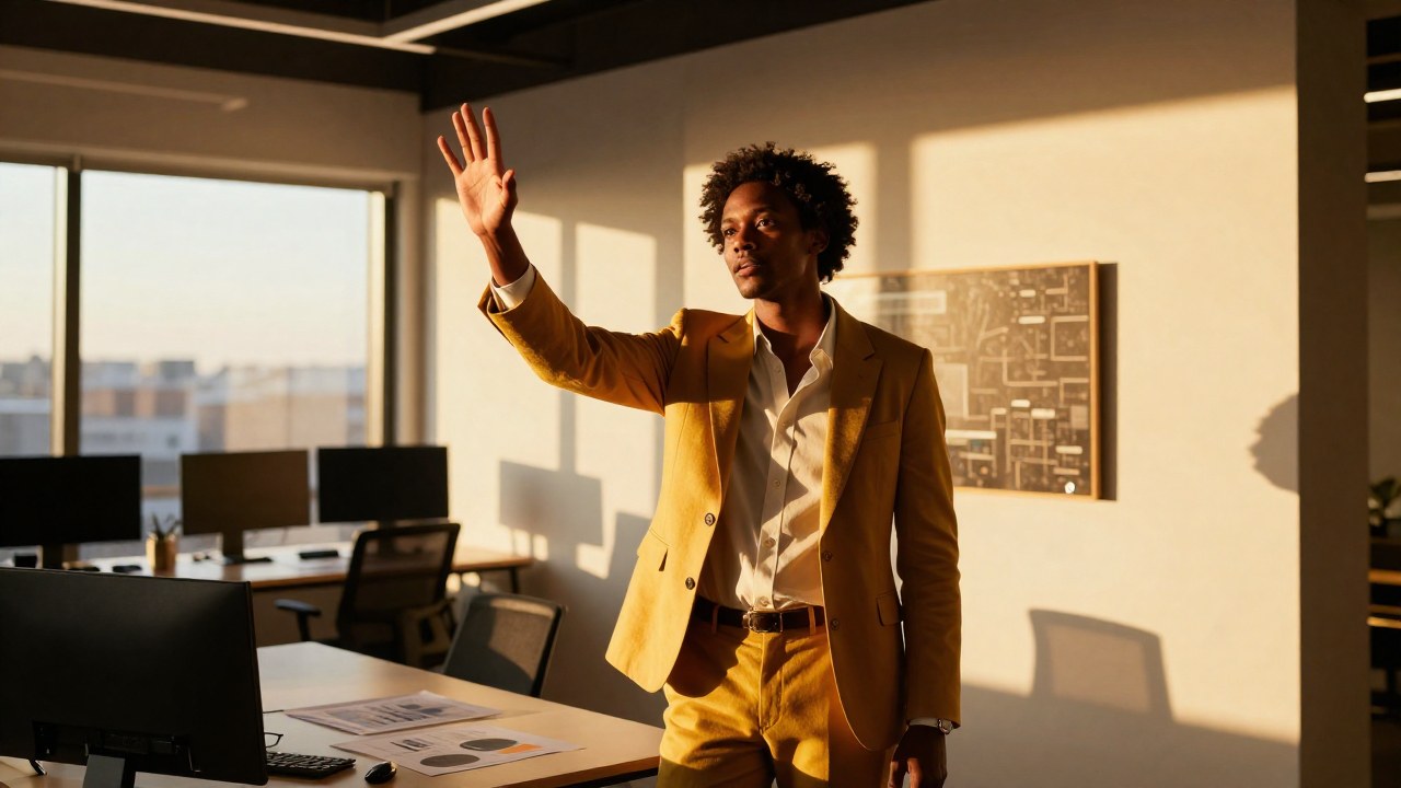 Profesional creativo y diverso en entorno moderno, liderando un proyecto de impacto.