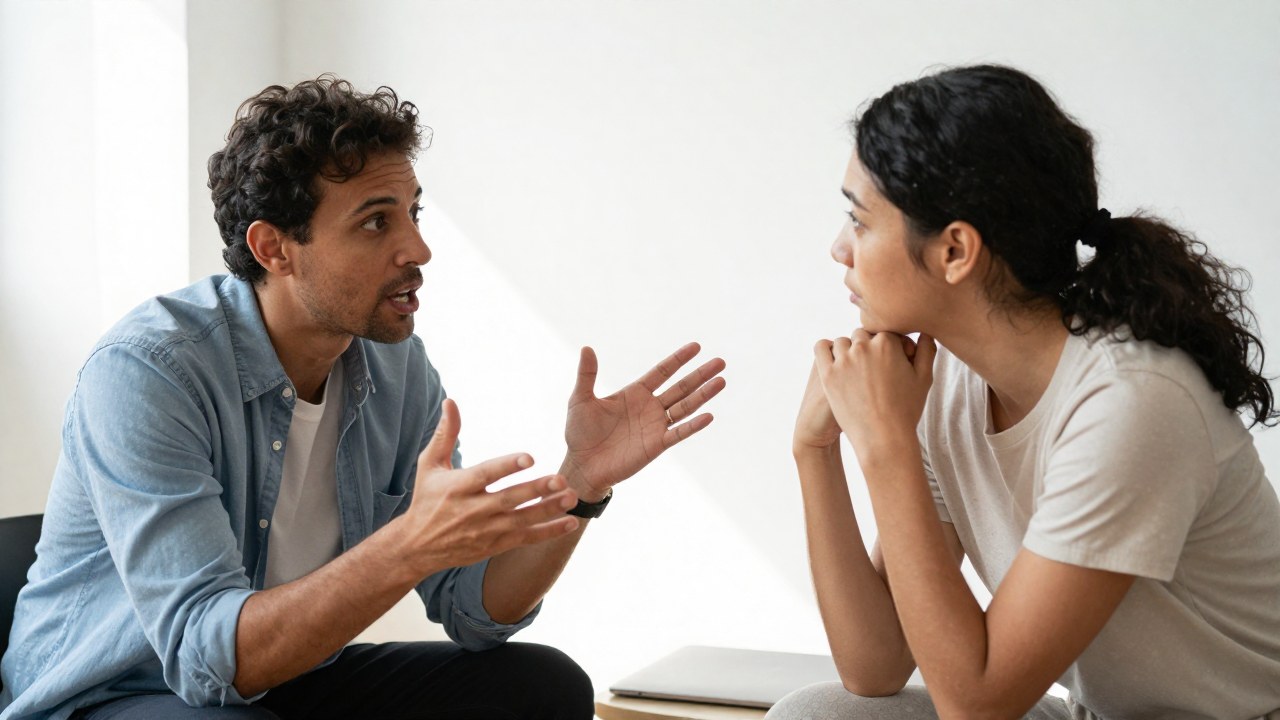 Dos adultos diversos en un interior moderno tienen un intercambio intenso, uno gesticulando y el otro escuchando atentamente.