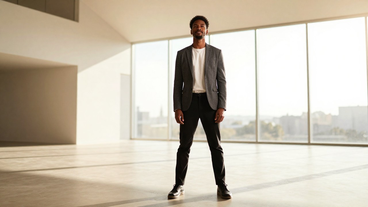 Persona confiada y diversa en un vasto espacio arquitectónico luminoso, representando crecimiento personal.
