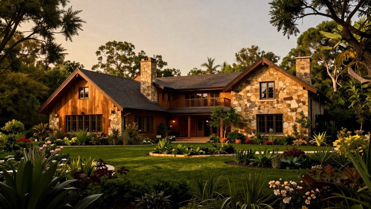 Residencia con arquitectura natural de madera y piedra, rodeada de un jardín amplio y exuberante.