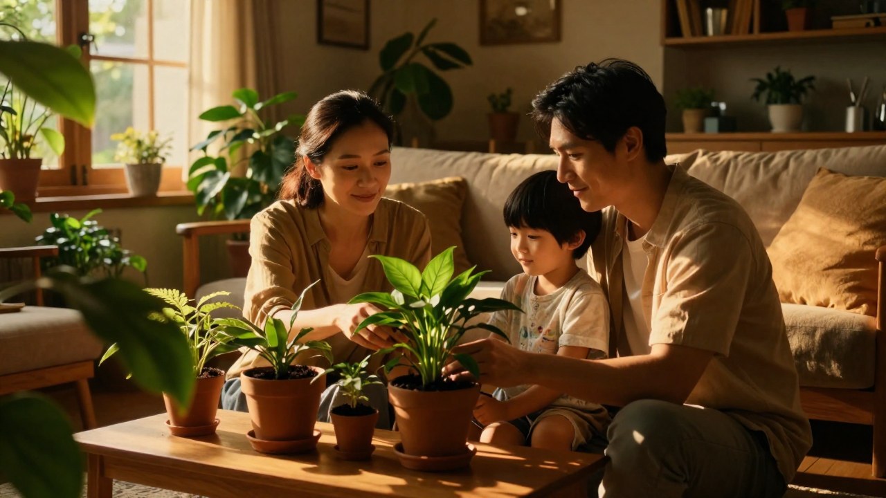 Madre, padre y niño en interiores, participando en la atención de una planta en un ambiente tranquilo.