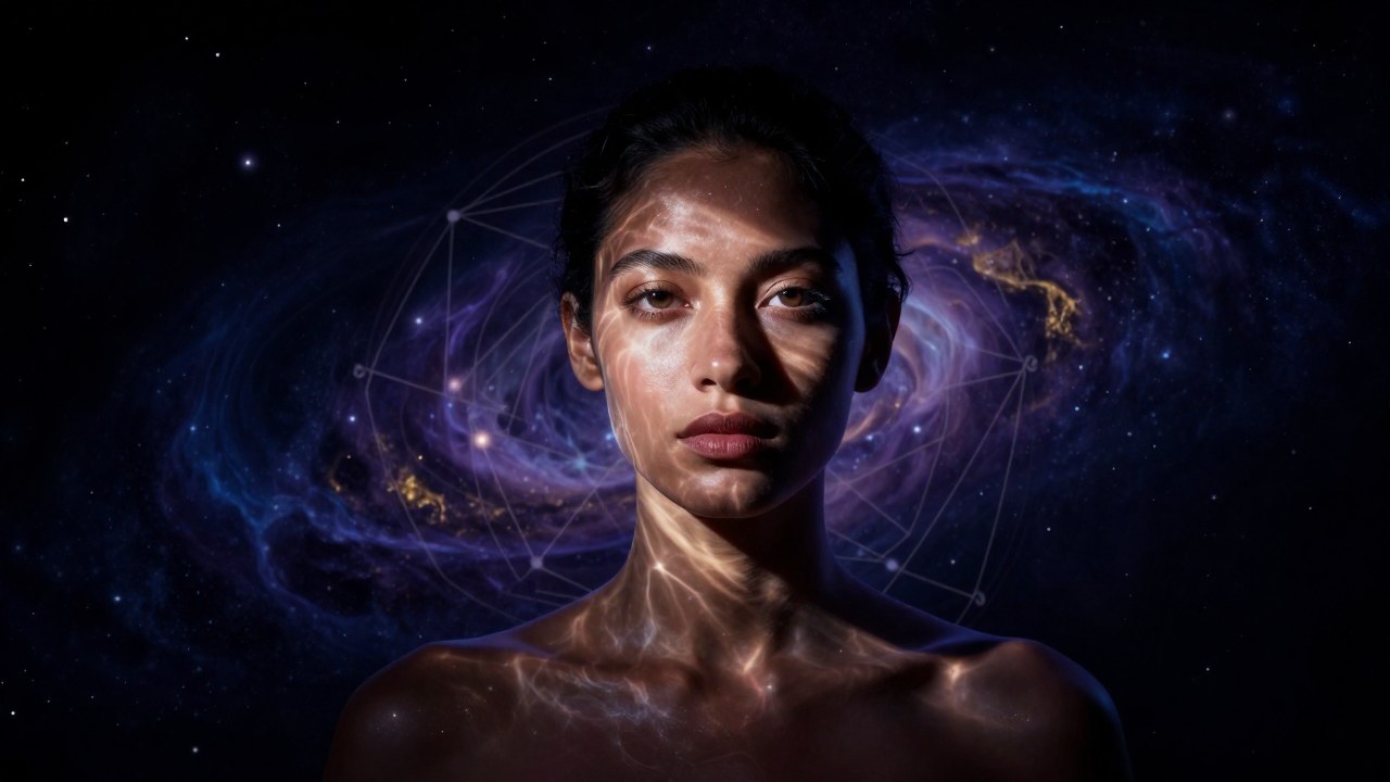 Retrato de una persona diversa en un fondo cósmico, rodeada por luz y patrones celestiales.