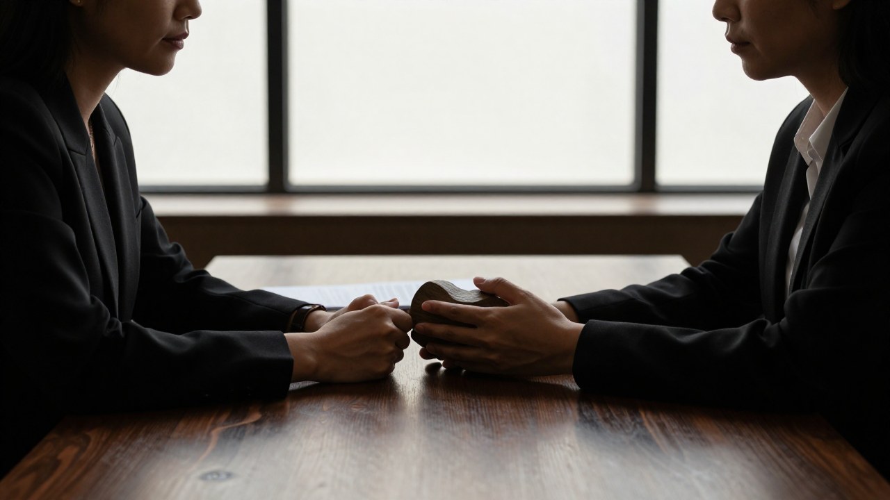 Dos socios discuten un acuerdo formal y vinculante en una reunión de negocios seria.