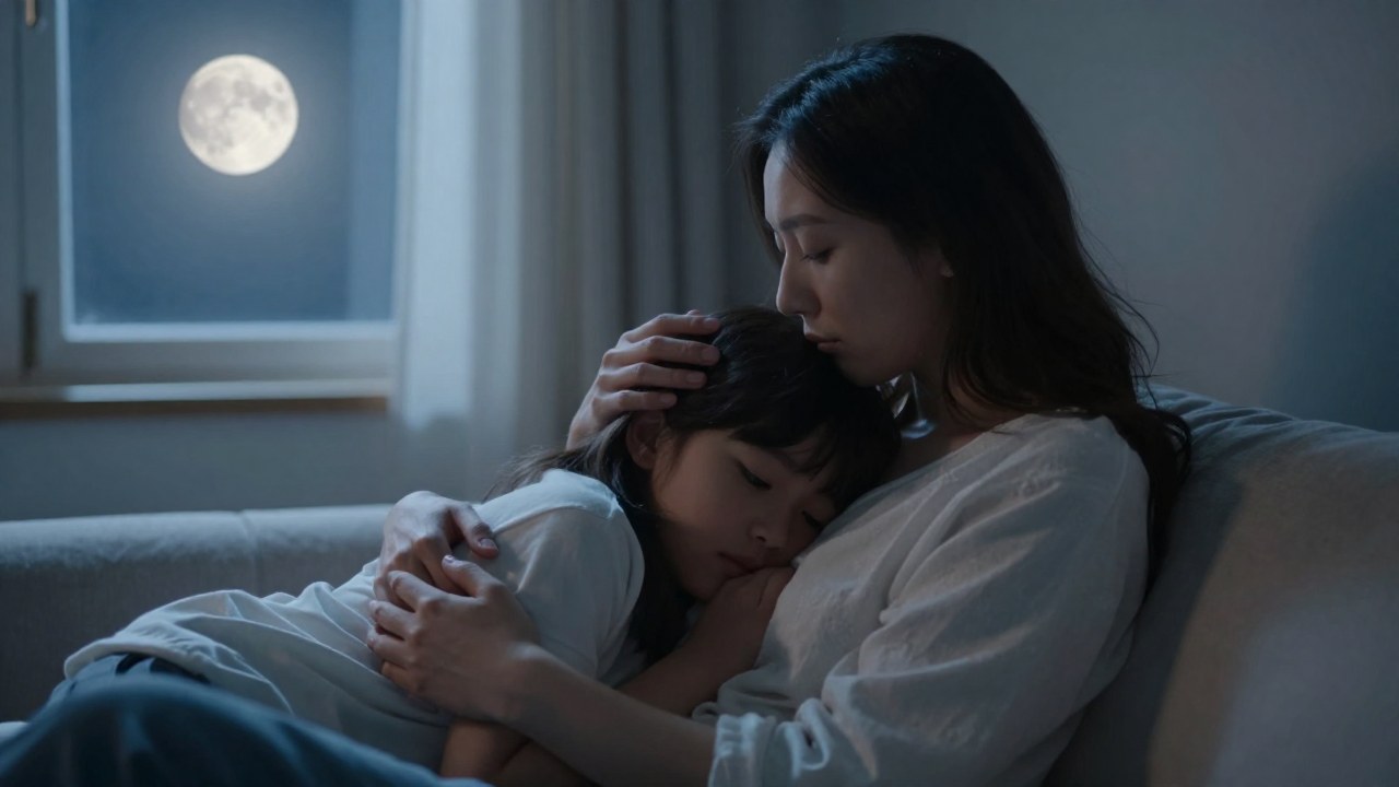 Dos personas comparten un momento íntimo y tierno en un ambiente acogedor bañado por la luz de la luna.