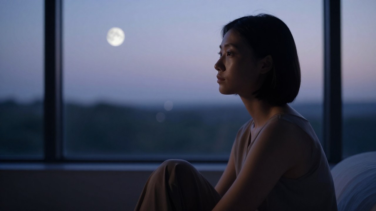 Persona sentada en un espacio minimalista durante el crepúsculo, con una mirada introspectiva dirigida fuera de cámara.