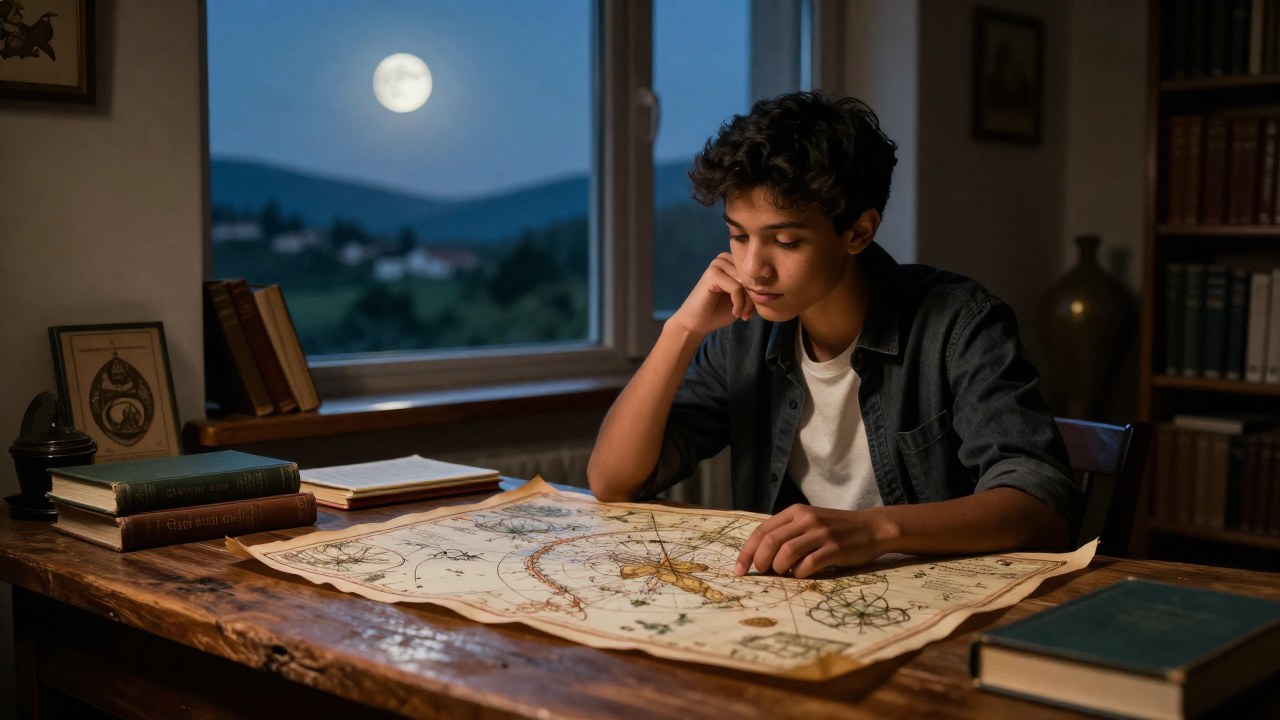 Joven estudiante analiza un mapa antiguo en su escritorio, simbolizando la exploración global y el conocimiento.