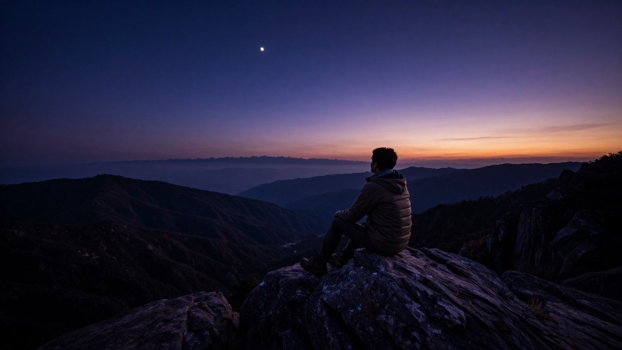 Una persona en la roca contempla la vasta vista de las montañas durante el crepúsculo.